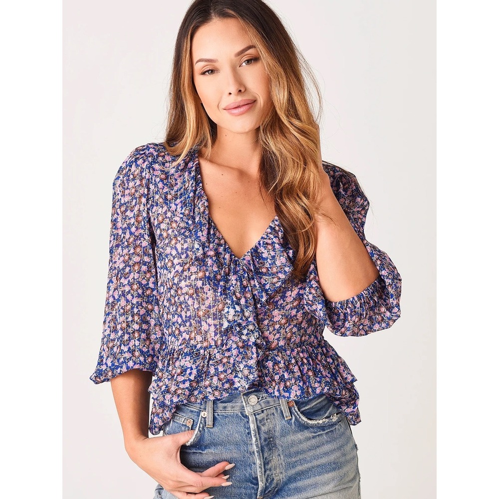 SAYLOR Johanna Top Blue Floral‎ Ruffle Peplum Blouse Metallic V-Neck Sheer XS